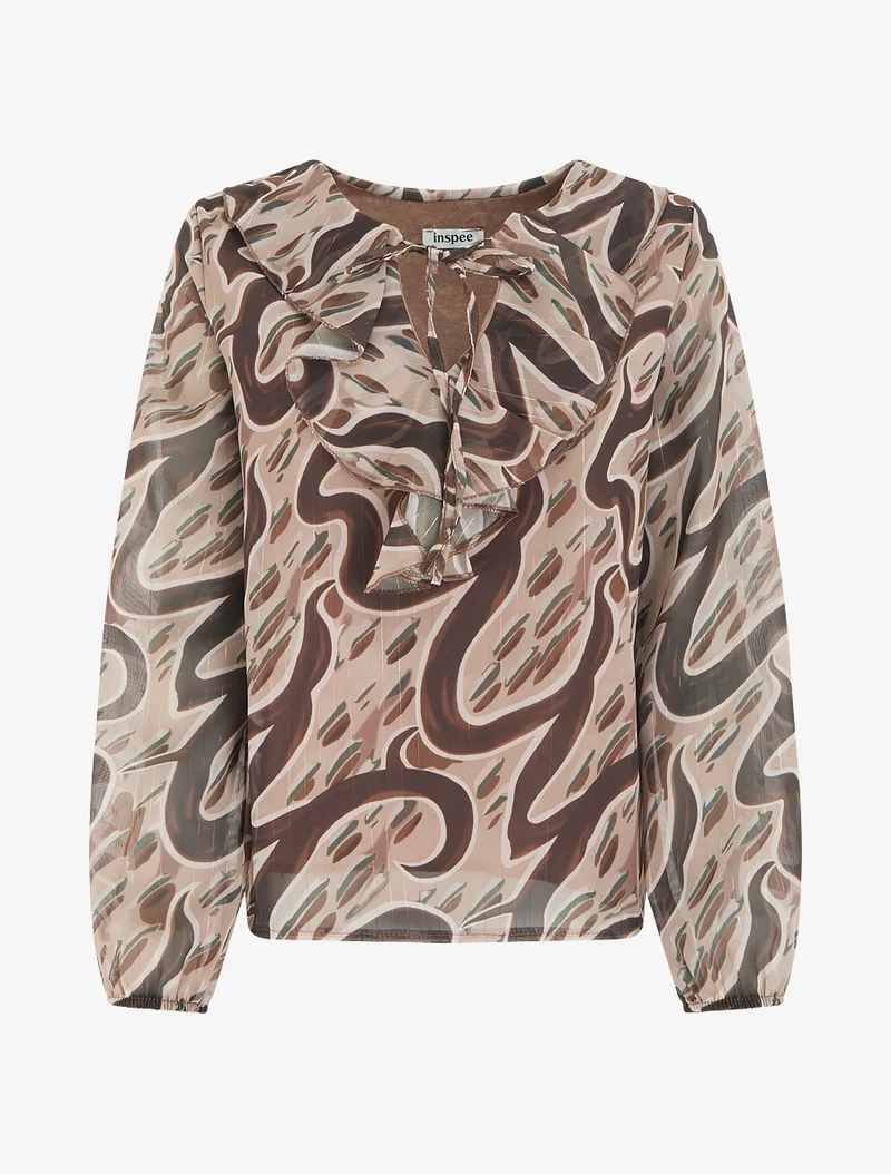 Top droit col volanté et imprimé graphique - Beige