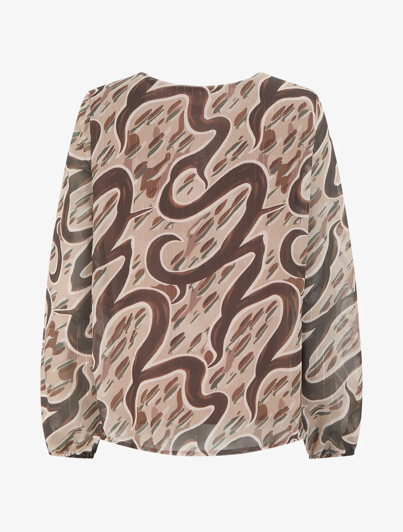 Top droit col volanté et imprimé graphique - Beige