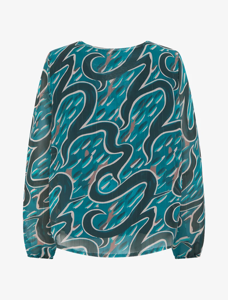 Top droit col volanté et imprimé graphique - Bleu canard