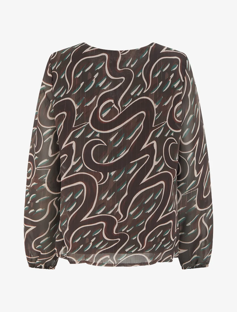 Top droit col volanté et imprimé graphique - Marron