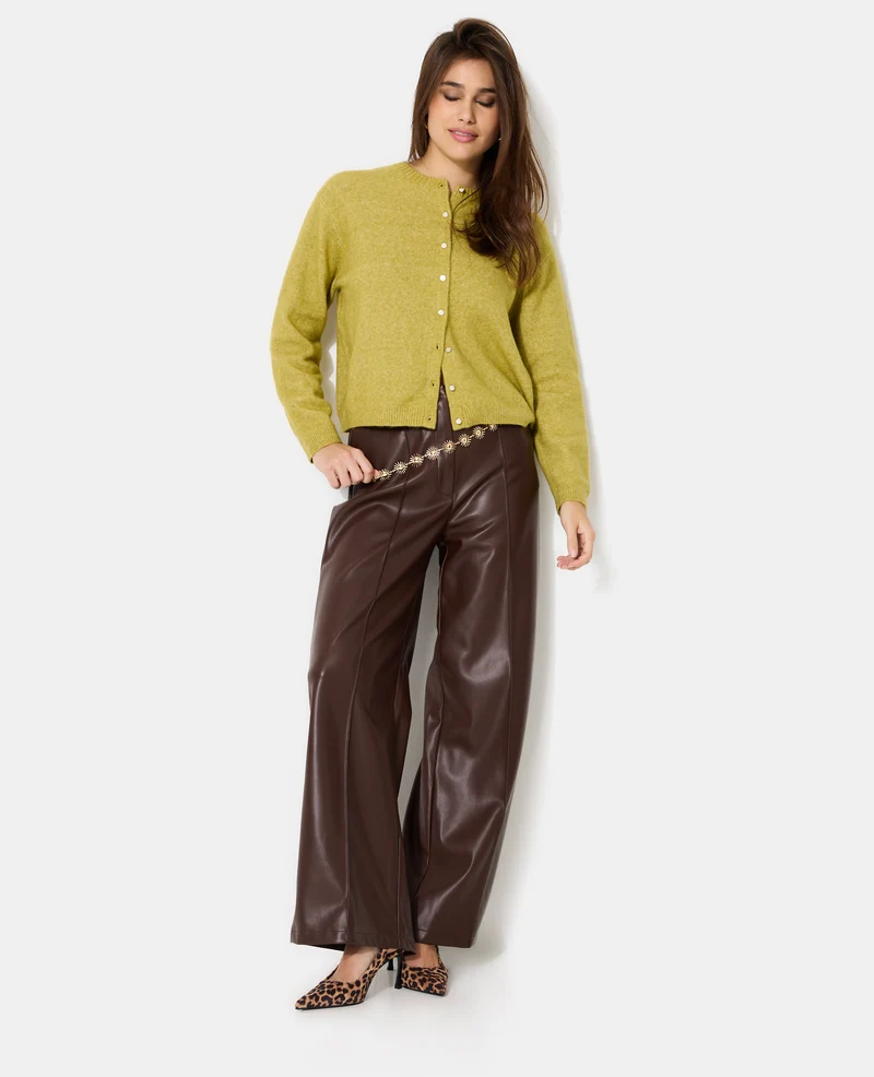 Pantalon droit en simili avec sur piqûres