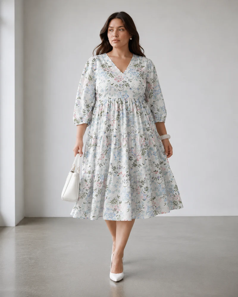 Beva|100% Viscose Printed V-Neck Midi Dress