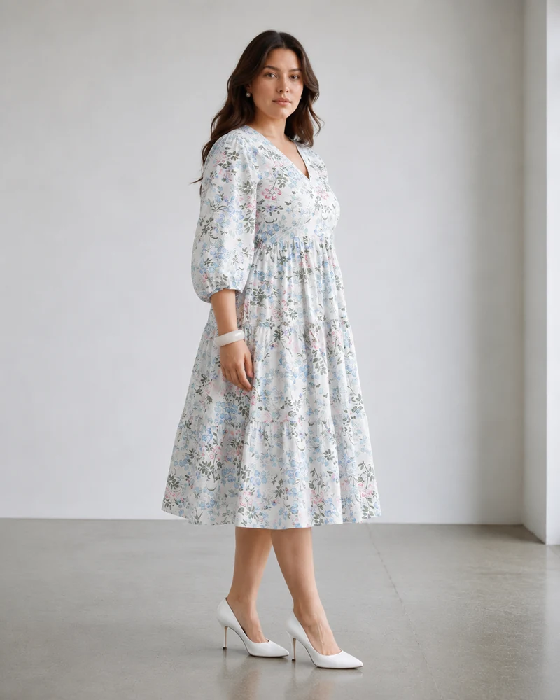 Beva|100% Viscose Printed V-Neck Midi Dress