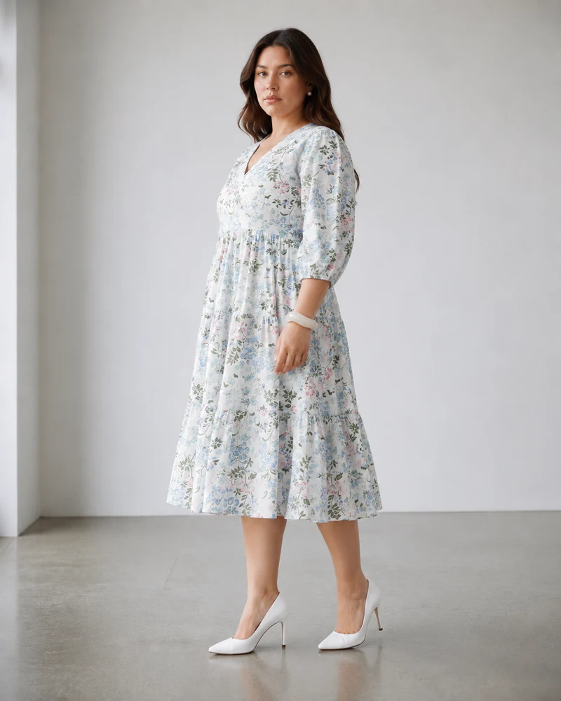 Beva|100% Viscose Printed V-Neck Midi Dress