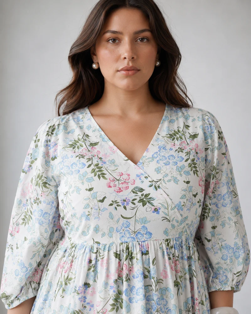 Beva|100% Viscose Printed V-Neck Midi Dress