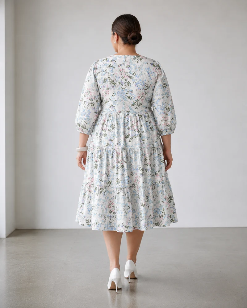 Beva|100% Viscose Printed V-Neck Midi Dress