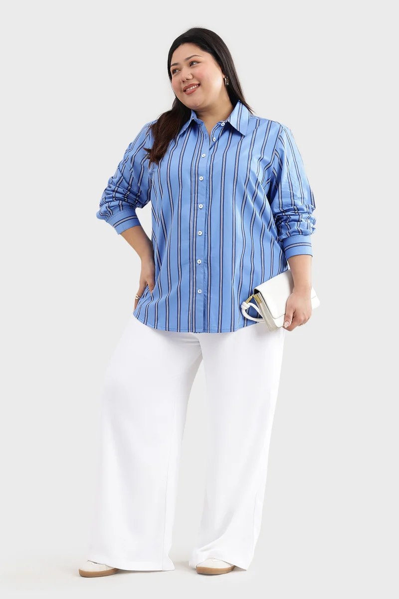Cary|100% Cotton Blue Striped Regular Shirt