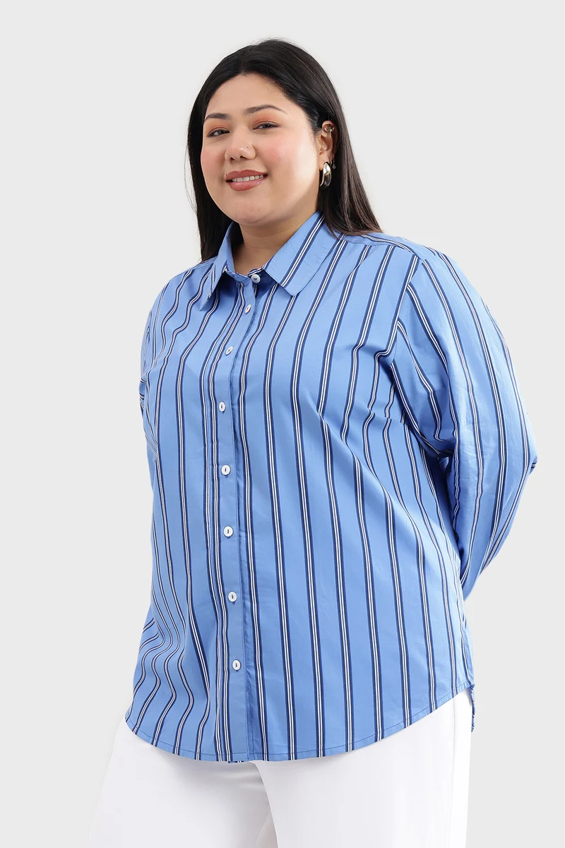 Cary|100% Cotton Blue Striped Regular Shirt