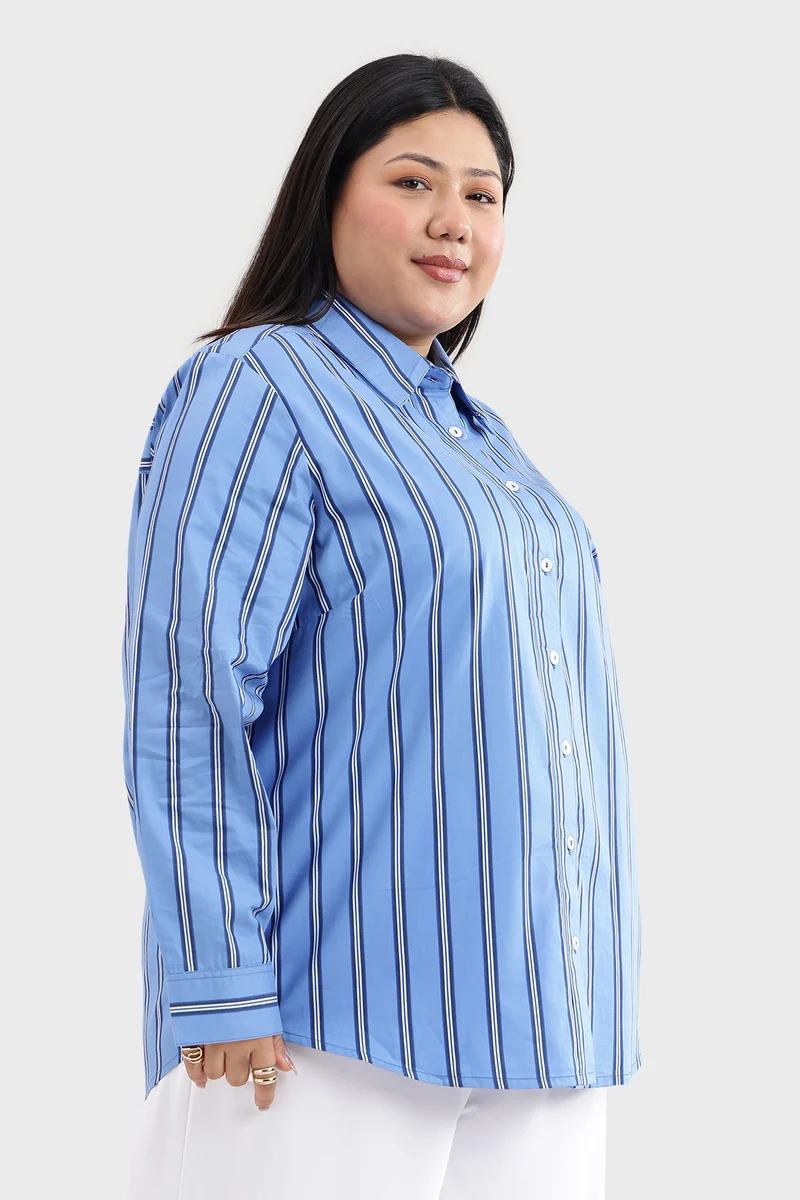 Cary|100% Cotton Blue Striped Regular Shirt