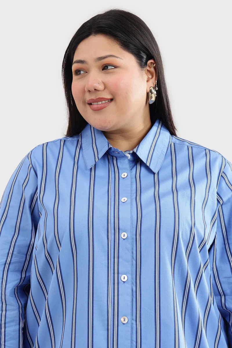 Cary|100% Cotton Blue Striped Regular Shirt