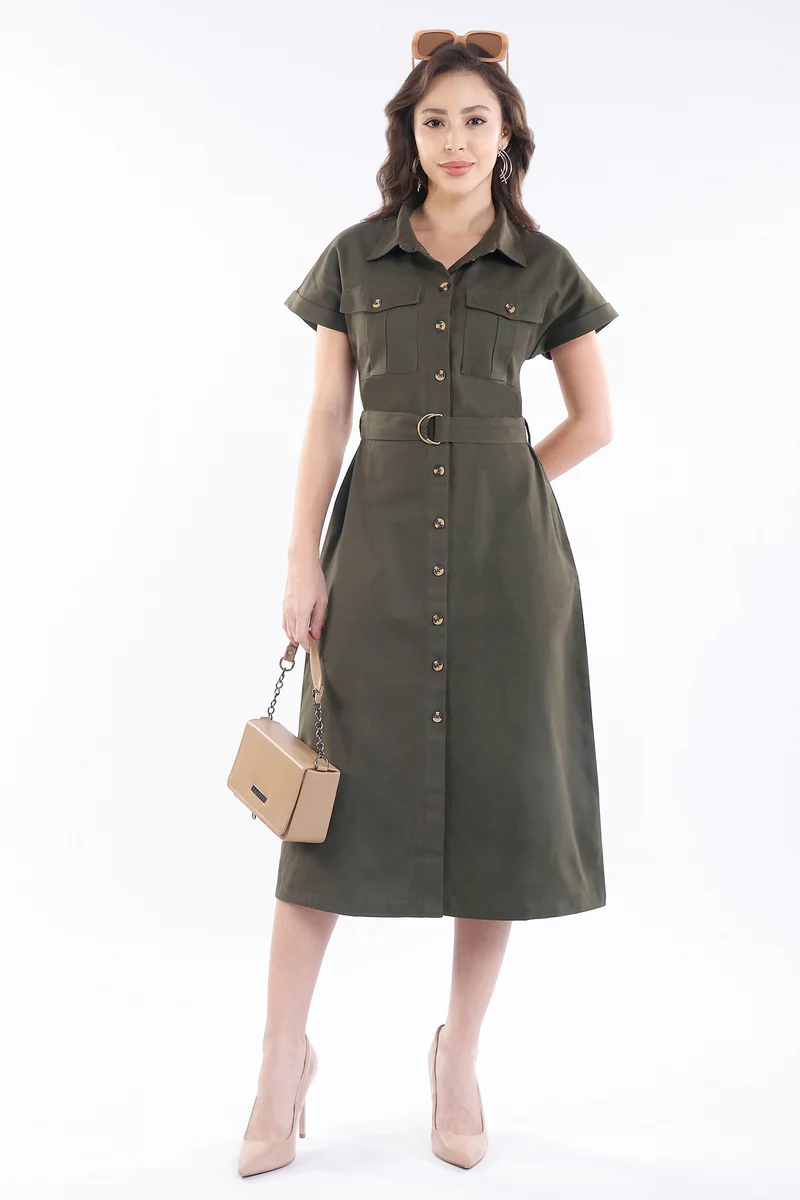 Mei|100% Viscose Utility Midi Dress