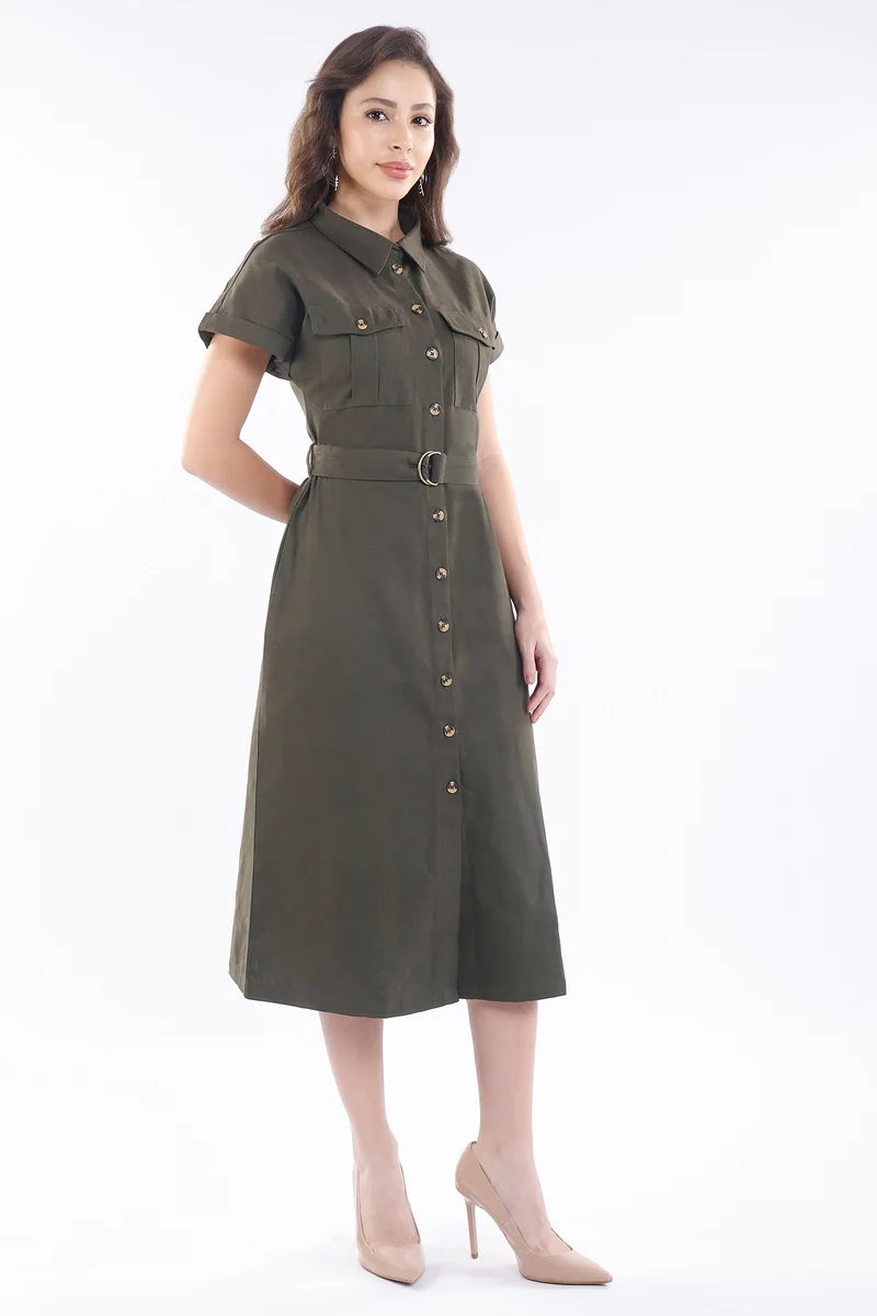 Mei|100% Viscose Utility Midi Dress