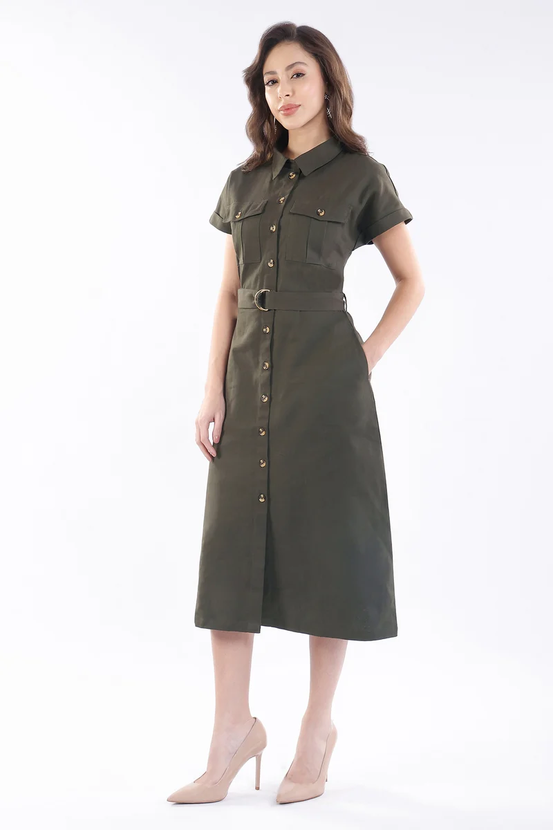 Mei|100% Viscose Utility Midi Dress