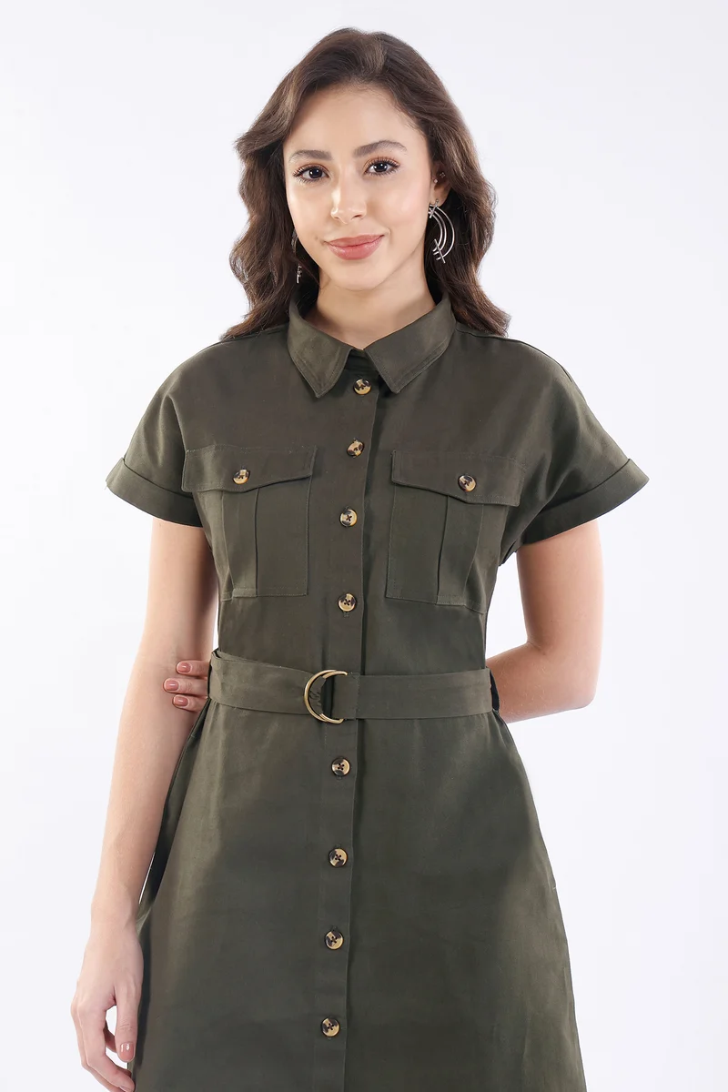 Mei|100% Viscose Utility Midi Dress
