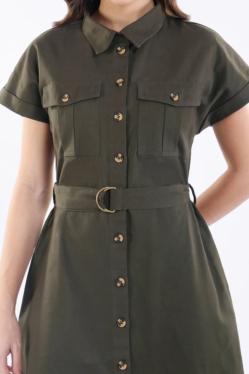 Mei|100% Viscose Utility Midi Dress