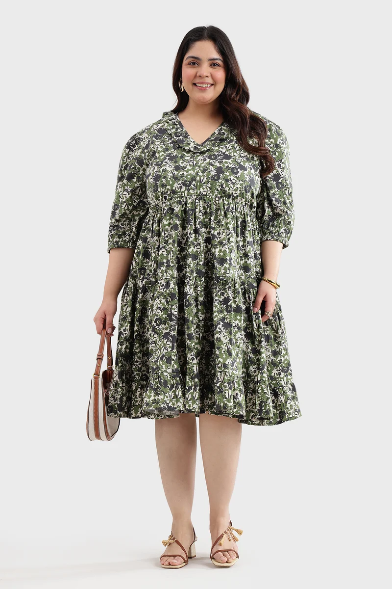 Cavah|100% Cotton Ruffled Printed Mini Dress