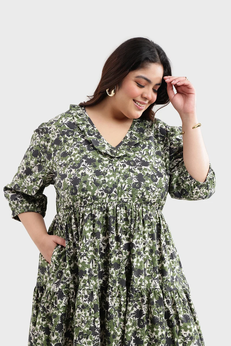 Cavah|100% Cotton Ruffled Printed Mini Dress