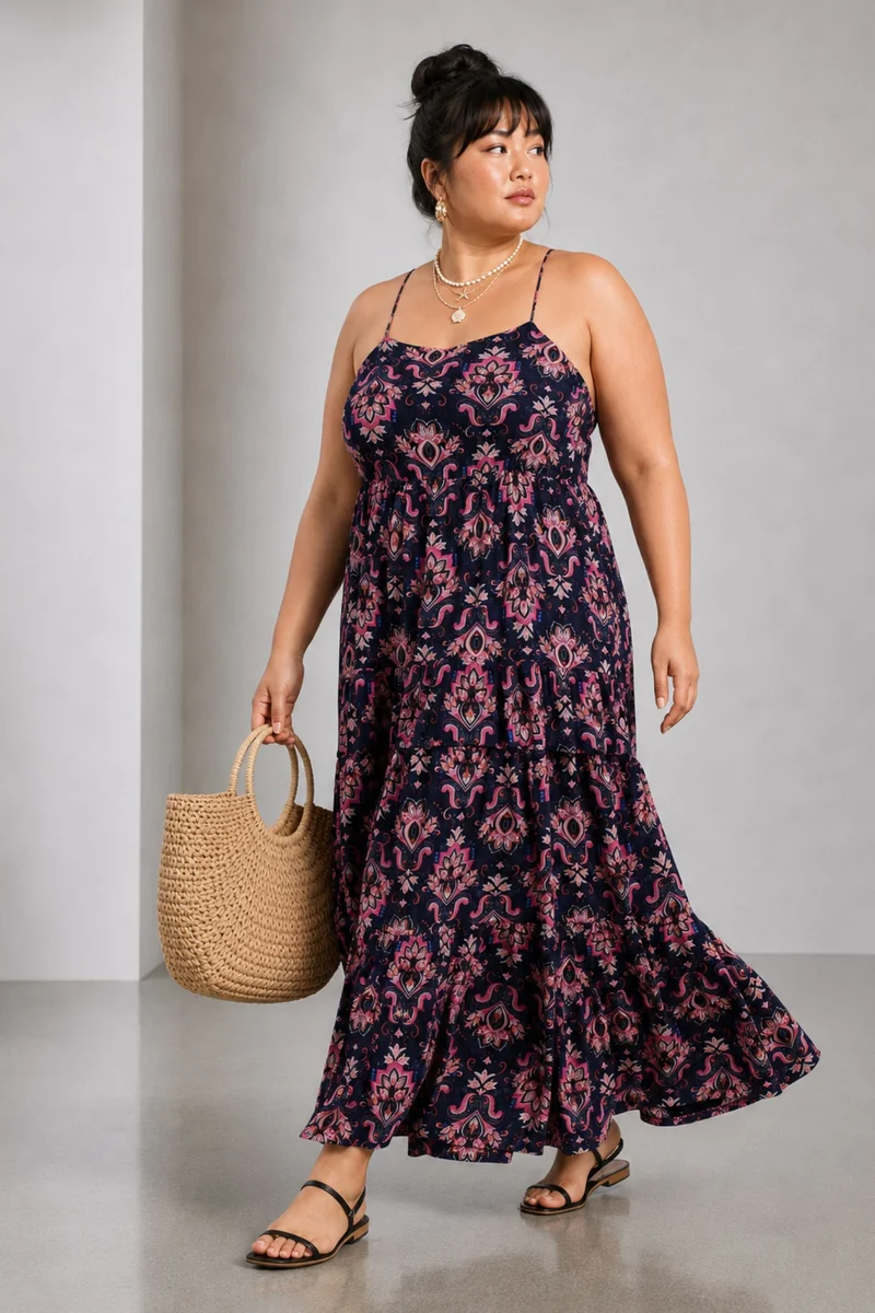 Eldia|100% Viscose Printed Strappy Maxi Dress
