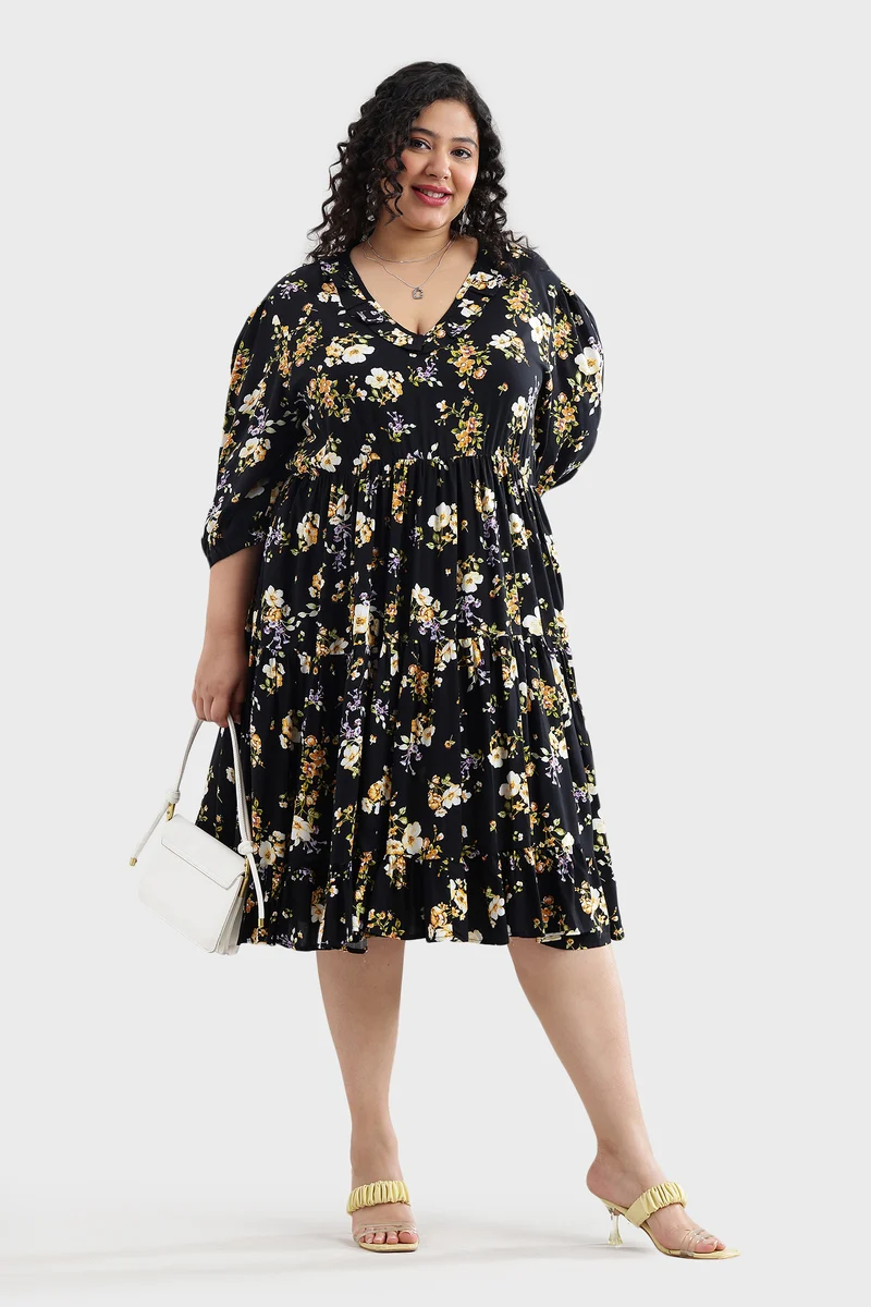 Eldna|100% Viscose Ruffled Printed Tiered Dress
