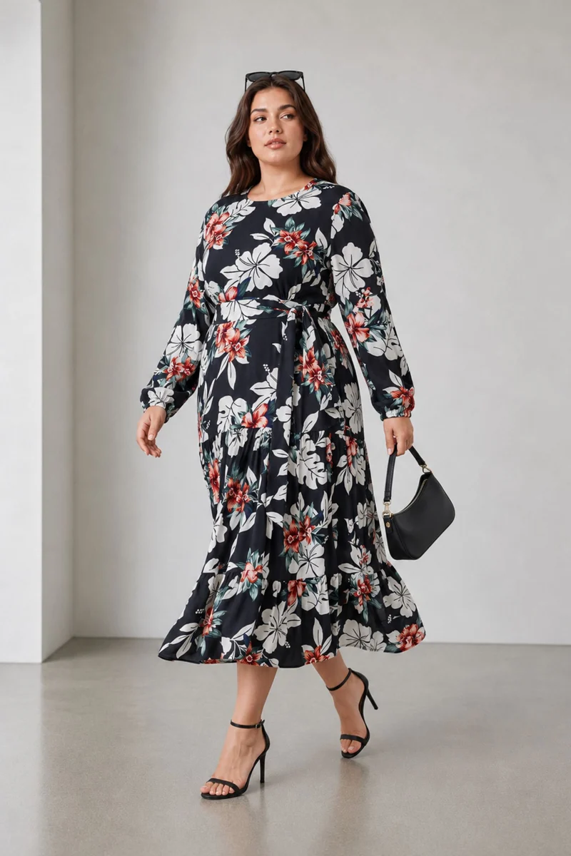 Ellel|100% Viscose Printed Tiered Maxi Dress