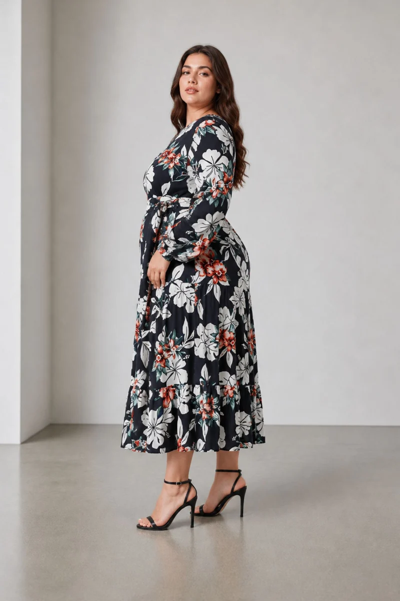 Ellel|100% Viscose Printed Tiered Maxi Dress