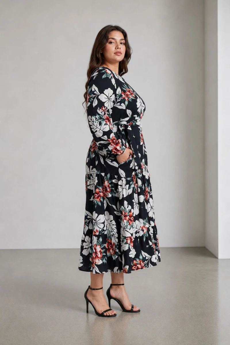 Ellel|100% Viscose Printed Tiered Maxi Dress