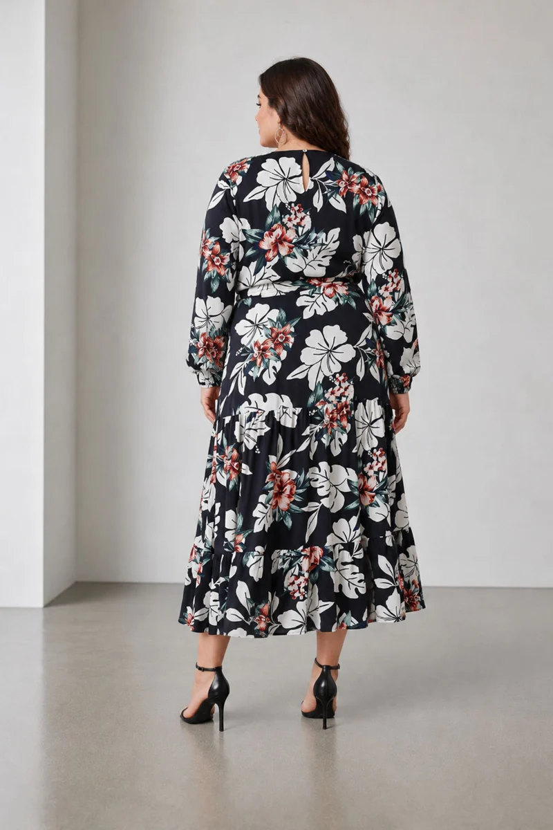 Ellel|100% Viscose Printed Tiered Maxi Dress