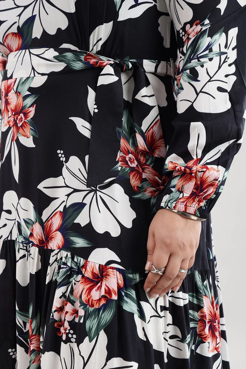 Ellel|100% Viscose Printed Tiered Maxi Dress