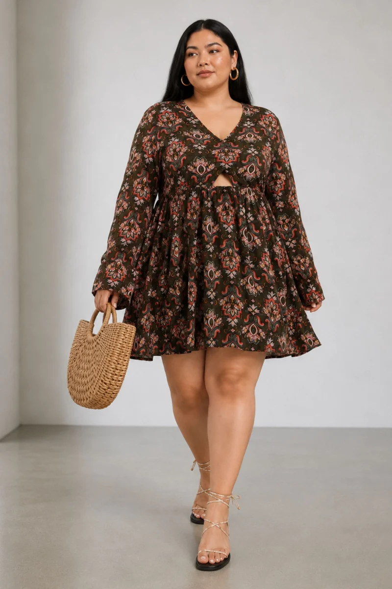 Ellna|100% Viscose Printed Dress With Cut-Out