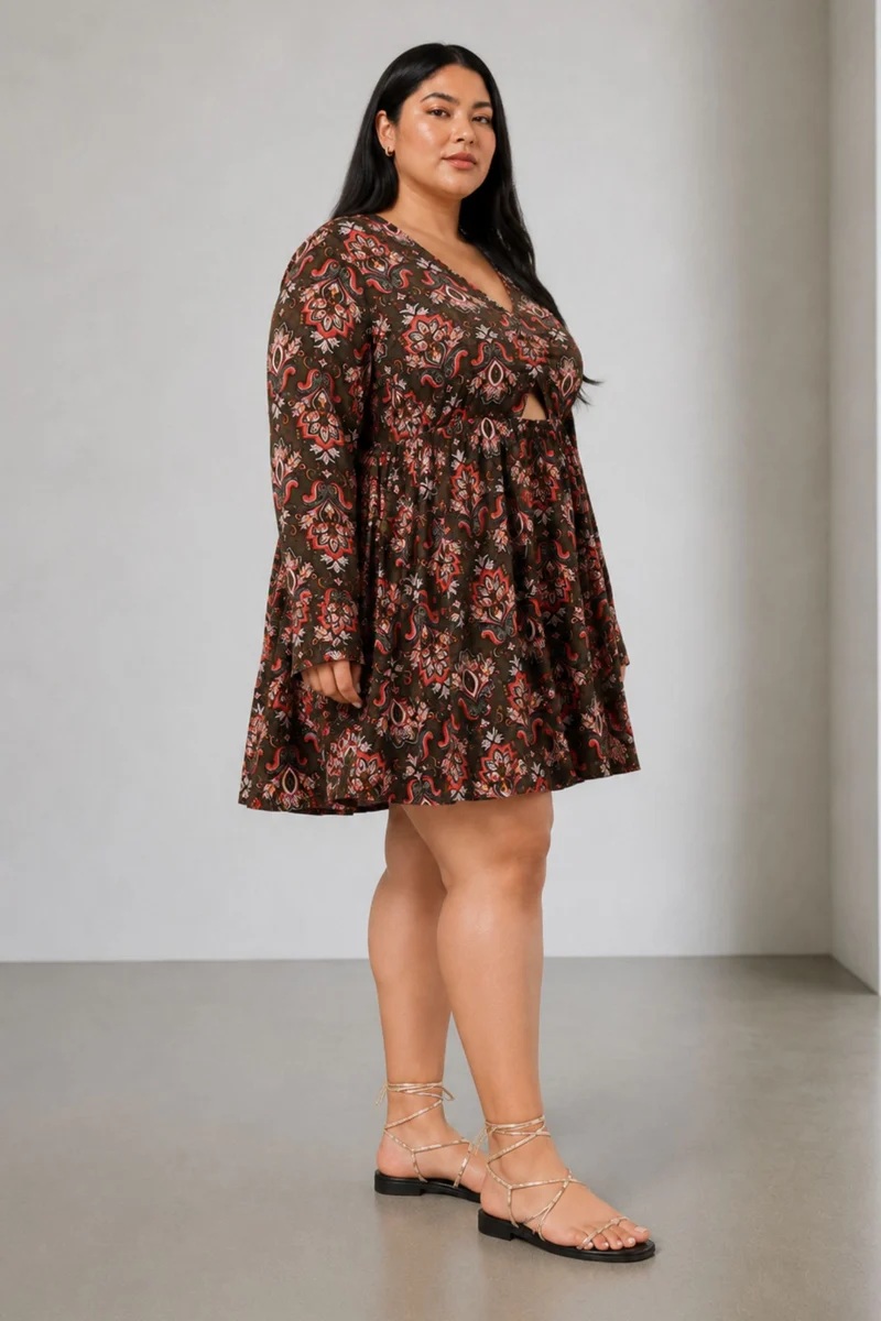 Ellna|100% Viscose Printed Dress With Cut-Out