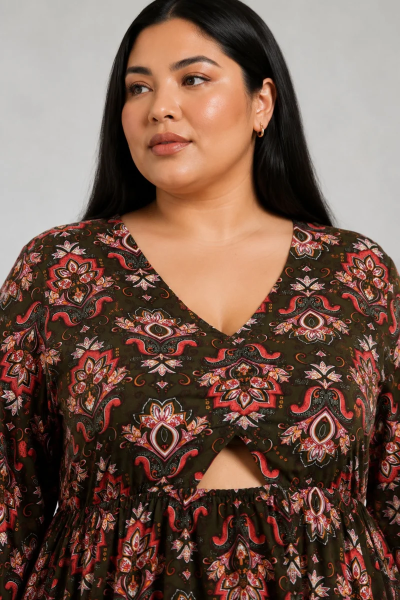 Ellna|100% Viscose Printed Dress With Cut-Out