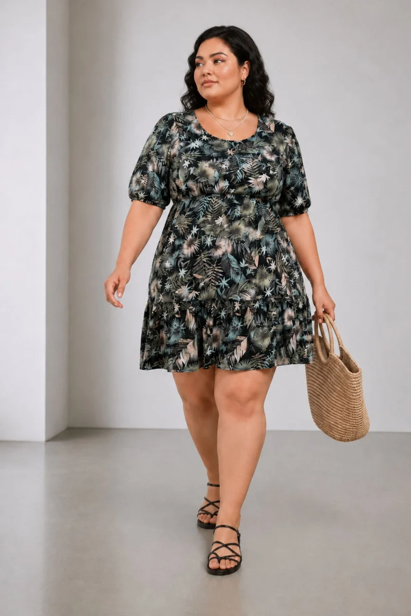 Camia|100% Viscose Printed Tiered Hem Midi Dress