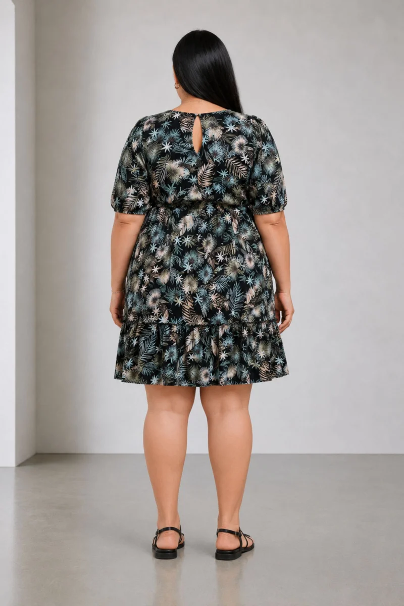Camia|100% Viscose Printed Tiered Hem Midi Dress