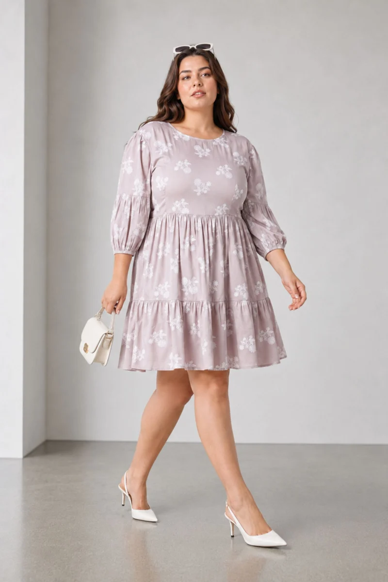 Besy|100% Viscose Printed Tiered Hem Mini Dress
