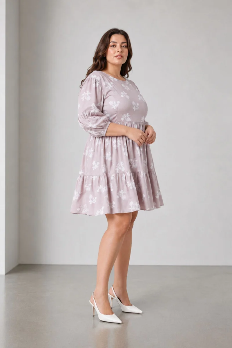 Besy|100% Viscose Printed Tiered Hem Mini Dress