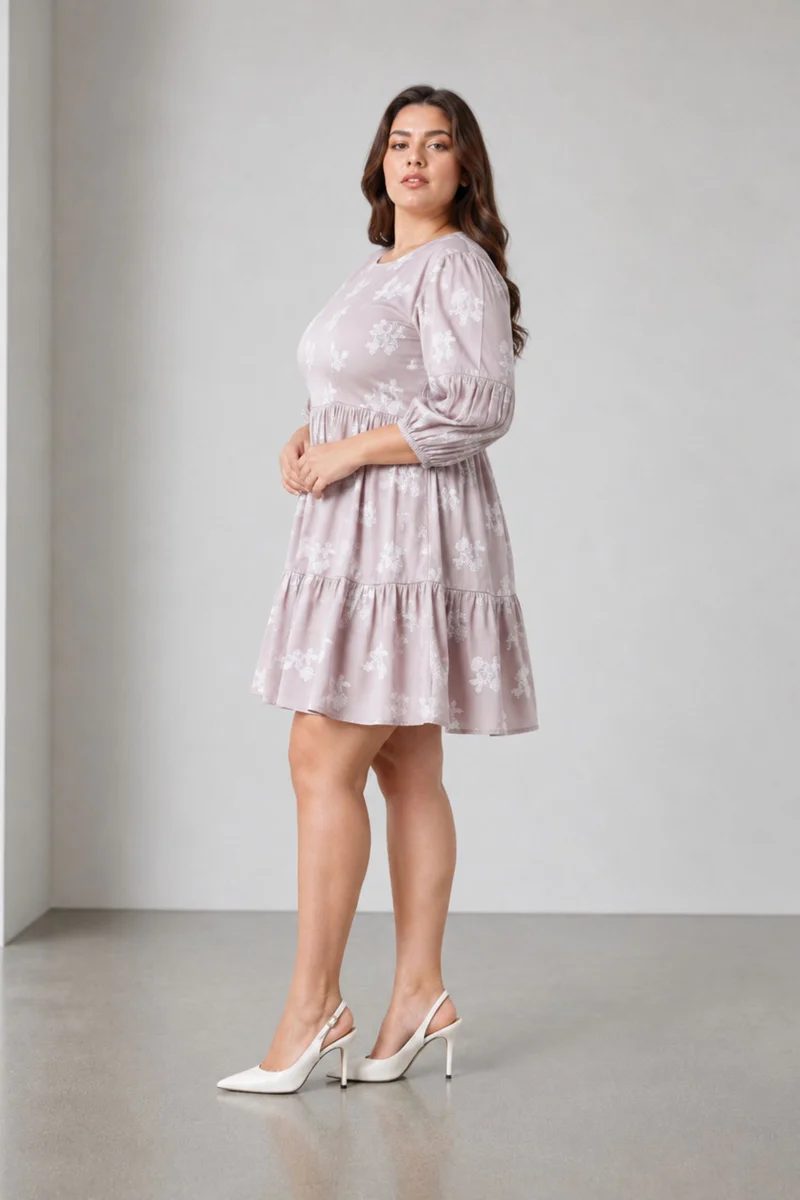 Besy|100% Viscose Printed Tiered Hem Mini Dress