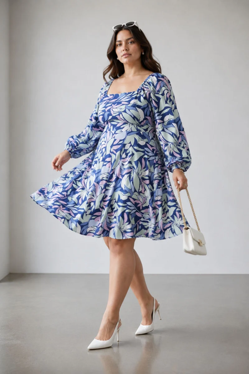 Cadie|100% Viscose Printed Swetheart Neck Dress