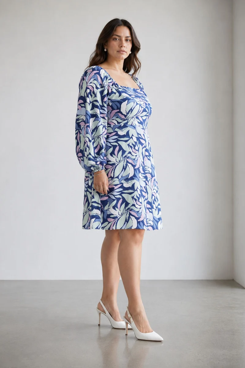Cadie|100% Viscose Printed Swetheart Neck Dress