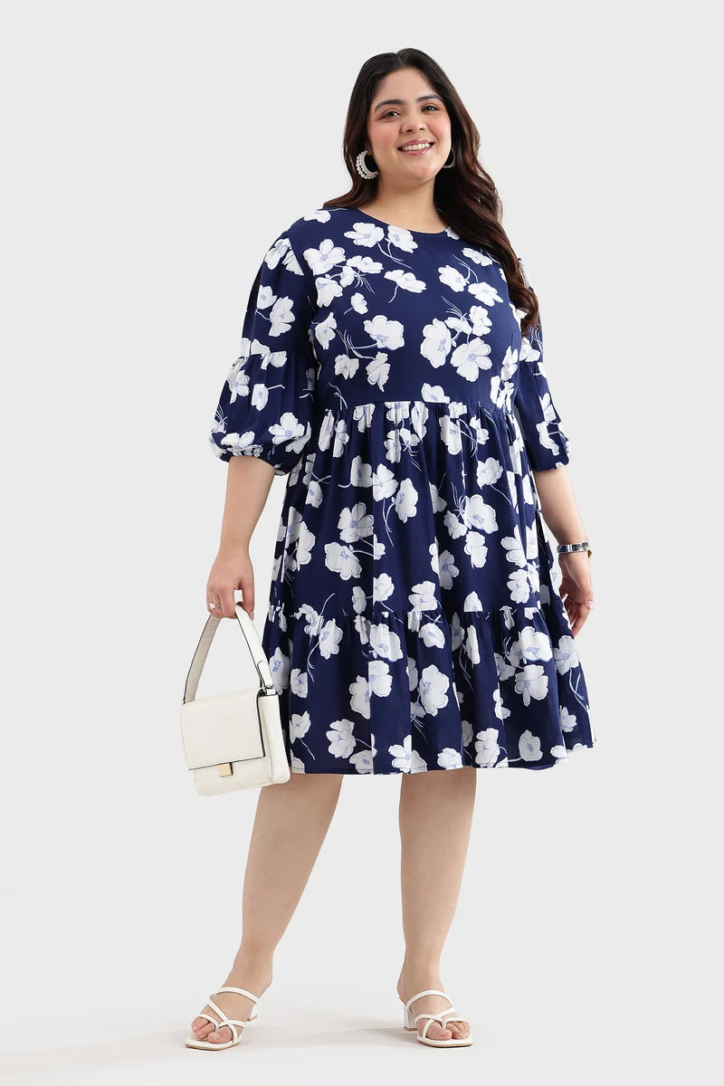 Bety|Linen Printed Tiered Hem Midi Dress