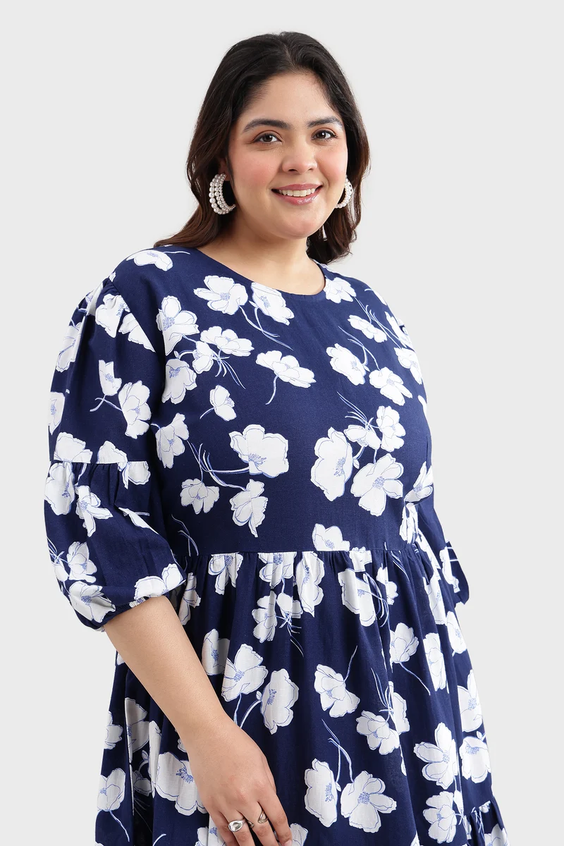 Bety|Linen Printed Tiered Hem Midi Dress