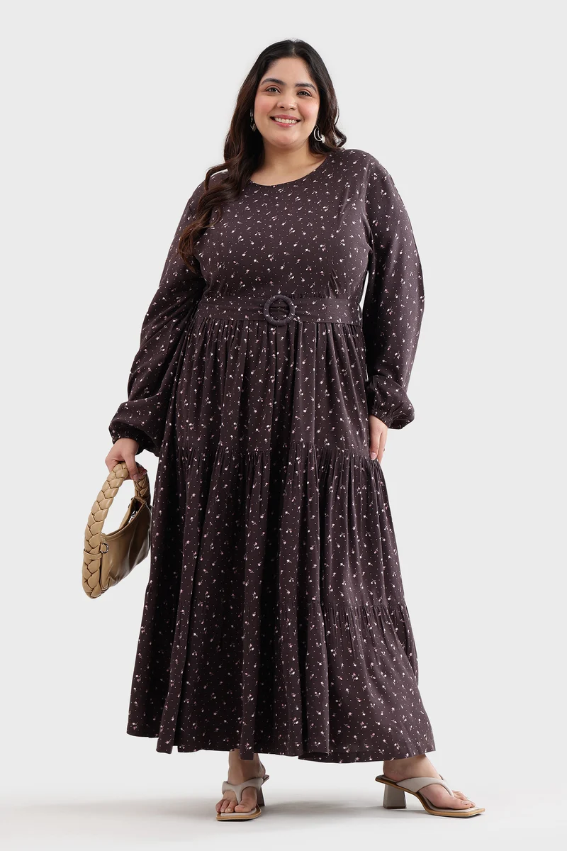 Besie|100% Viscose Printed Tiered Maxi Dress