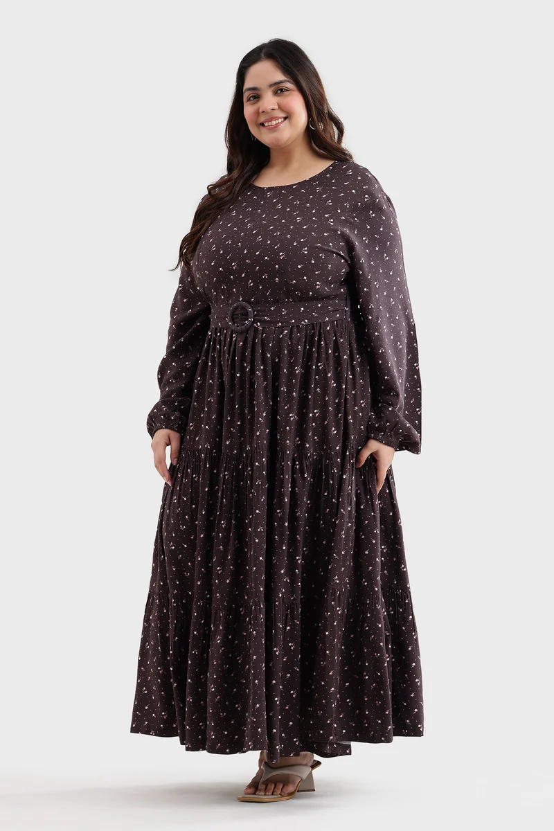 Besie|100% Viscose Printed Tiered Maxi Dress