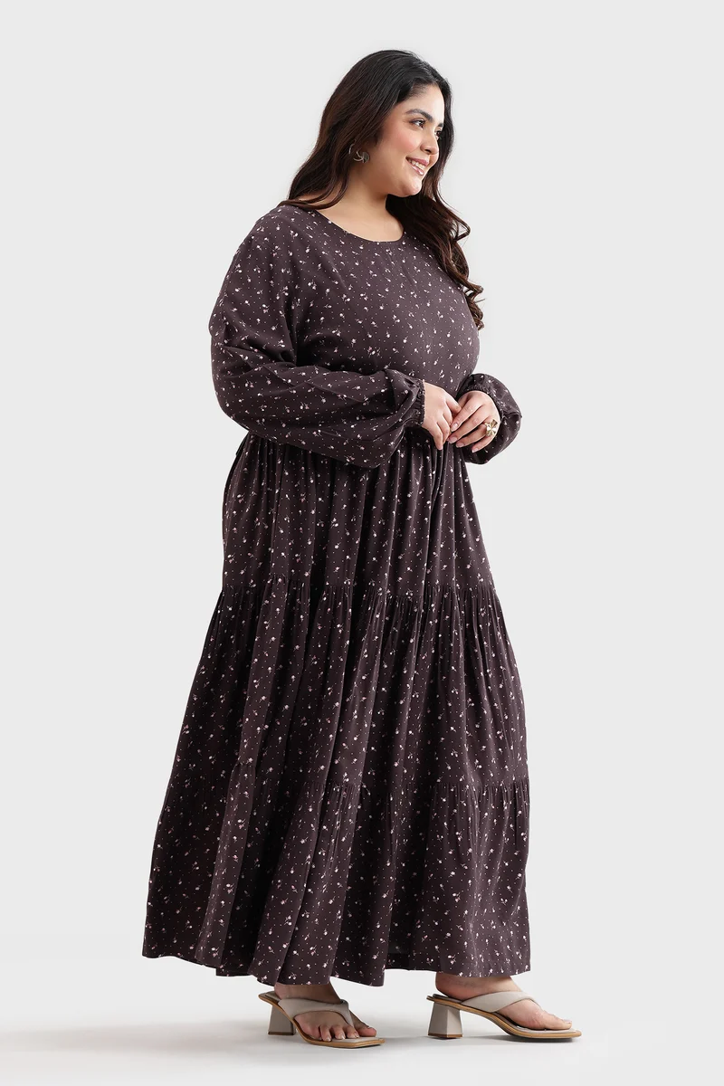 Besie|100% Viscose Printed Tiered Maxi Dress