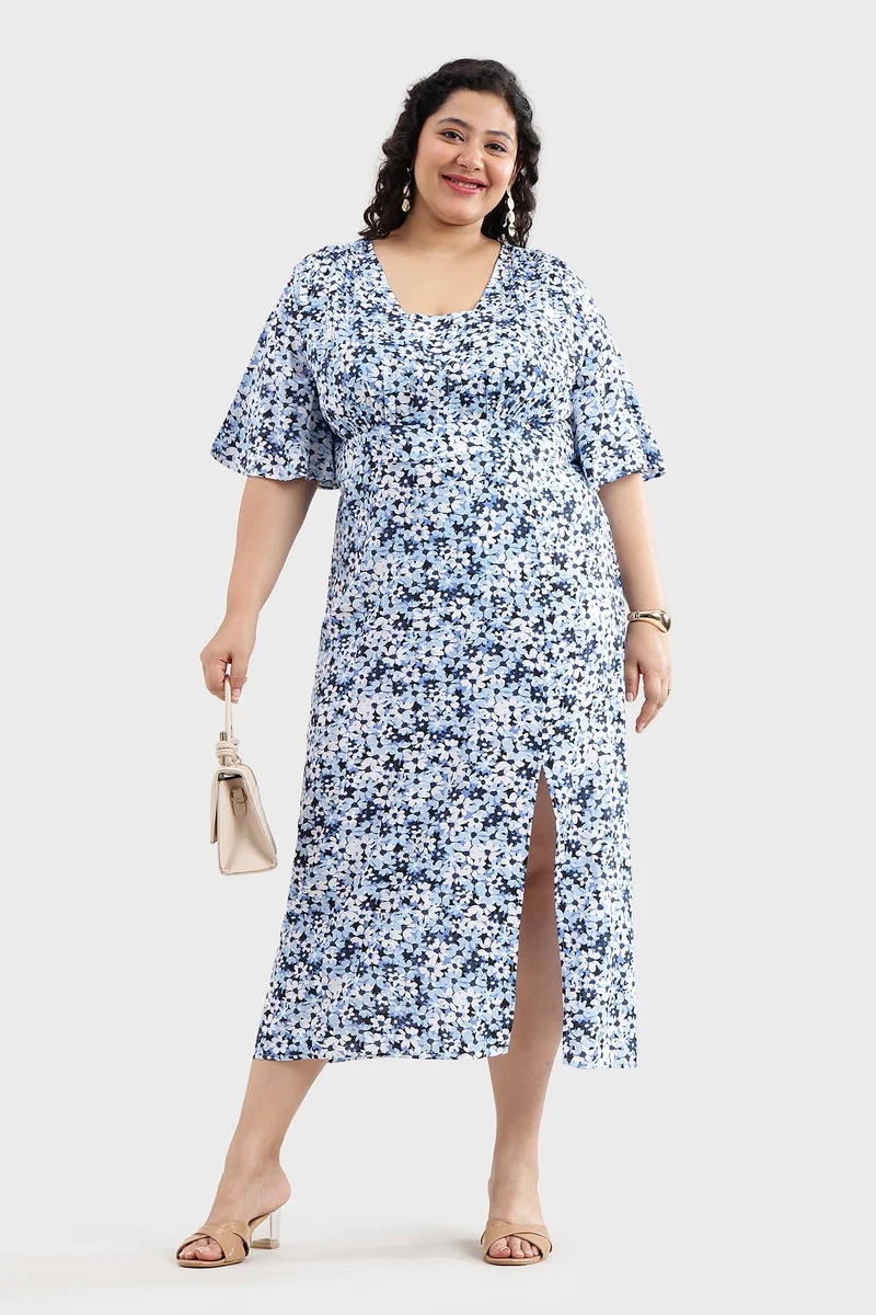 Besel|100% Viscose Printed Side Slit Midi Dress