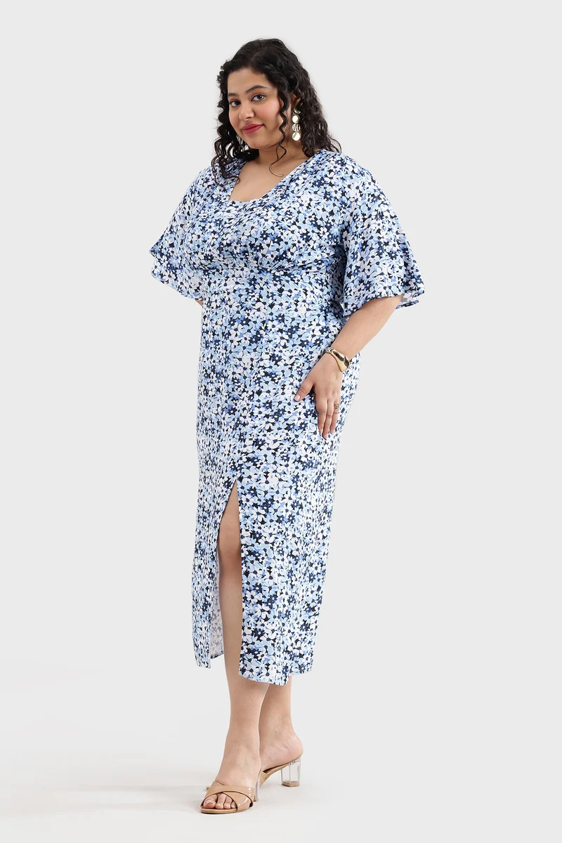 Besel|100% Viscose Printed Side Slit Midi Dress
