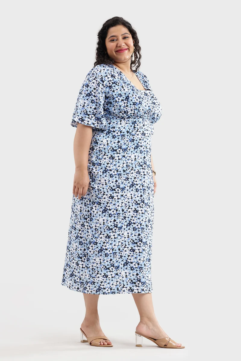 Besel|100% Viscose Printed Side Slit Midi Dress