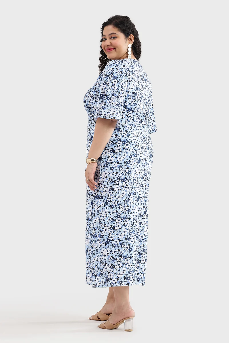 Besel|100% Viscose Printed Side Slit Midi Dress