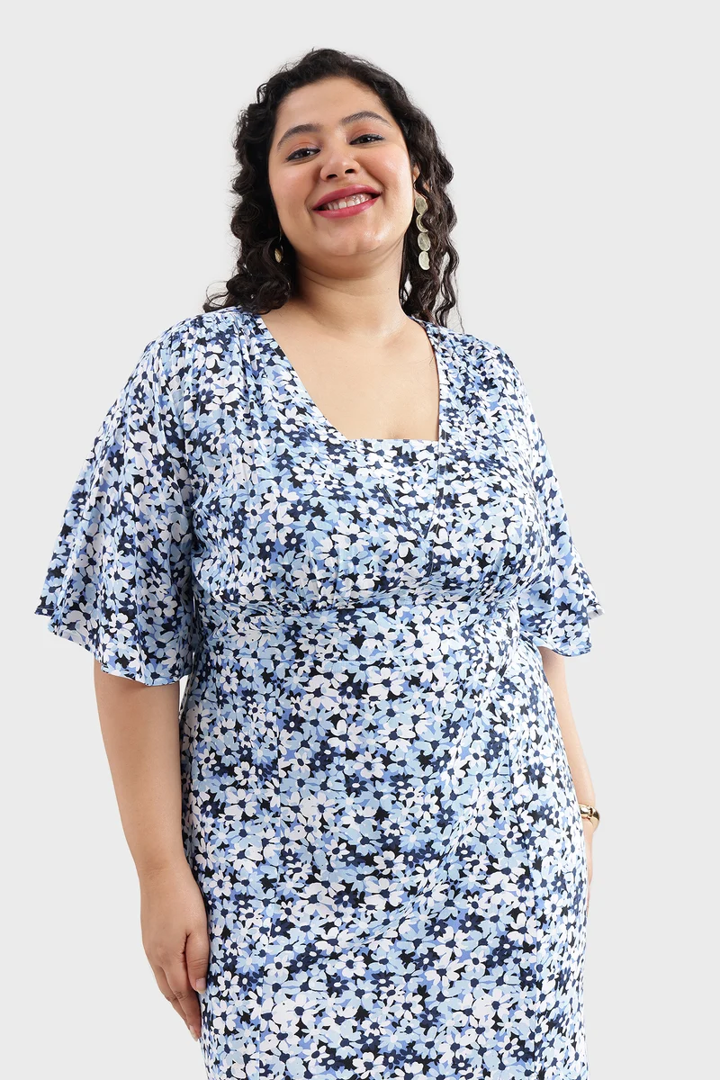 Besel|100% Viscose Printed Side Slit Midi Dress