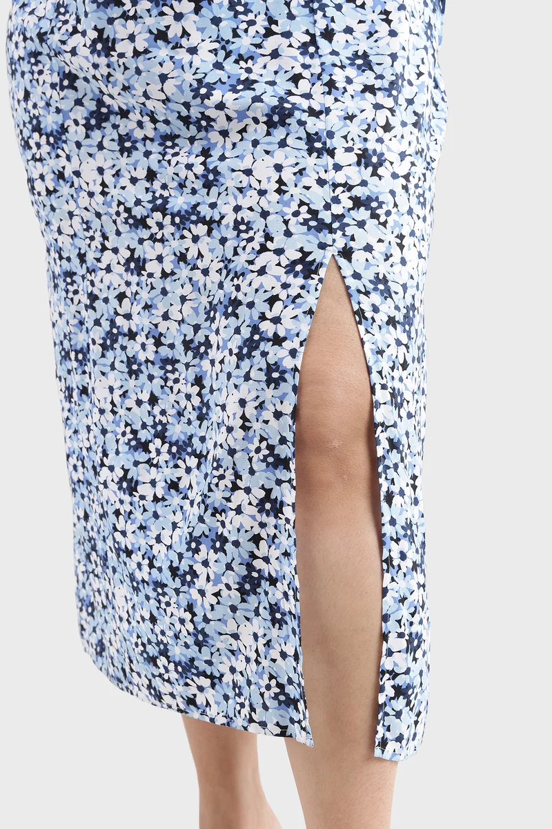 Besel|100% Viscose Printed Side Slit Midi Dress