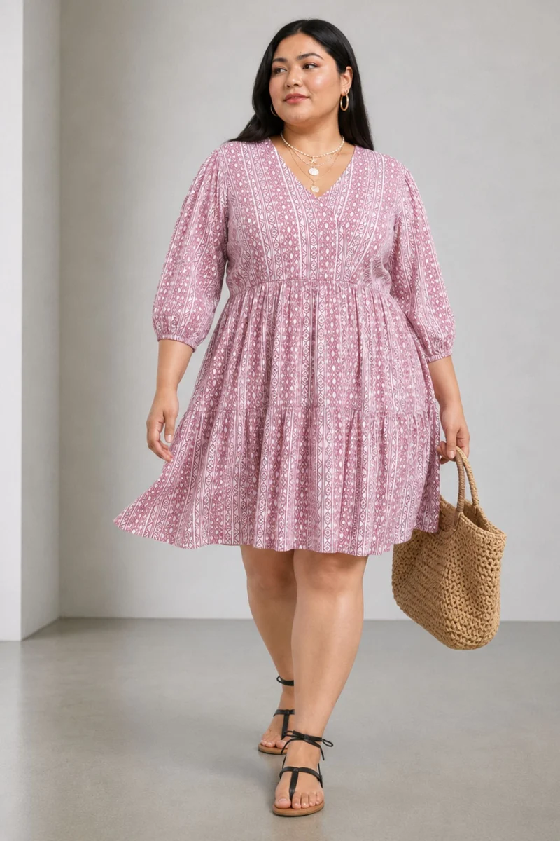 Caly|100% Viscose Printed V-Neck Midi Dress